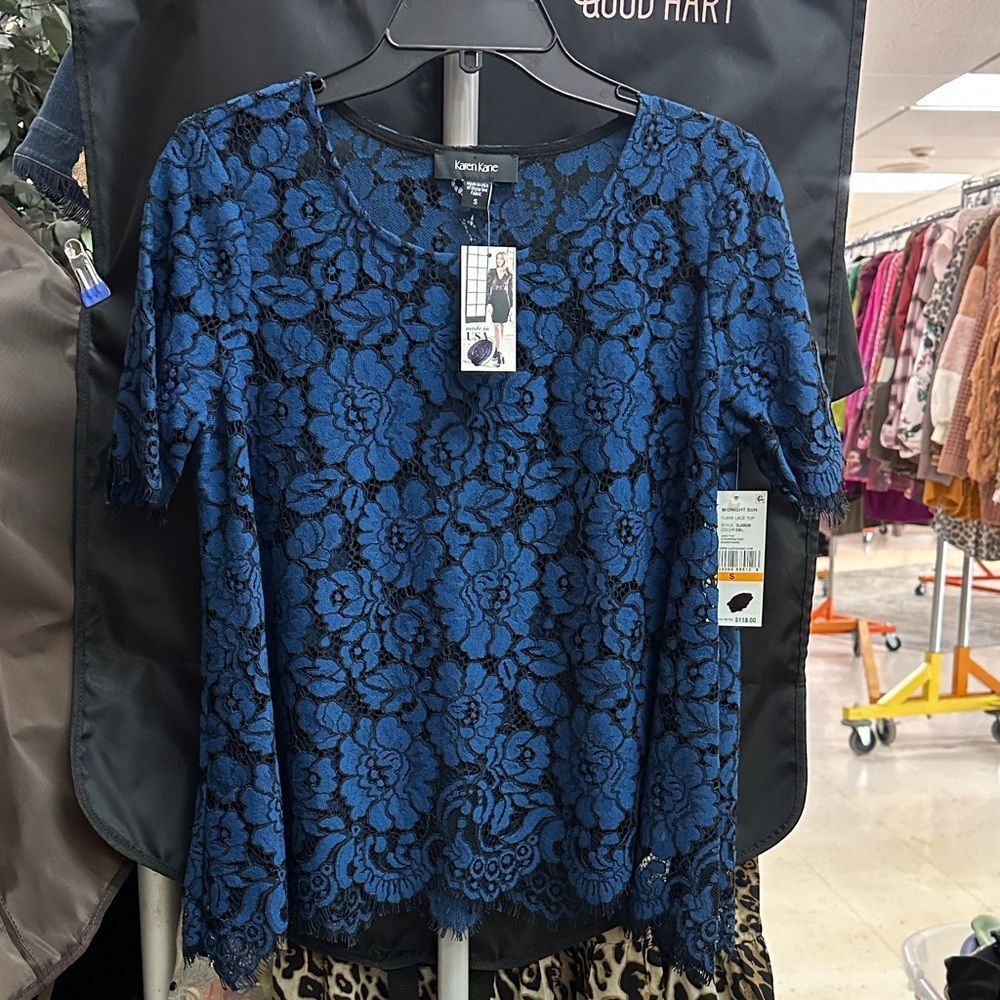 Karen Kane Blue Floral Lace Top